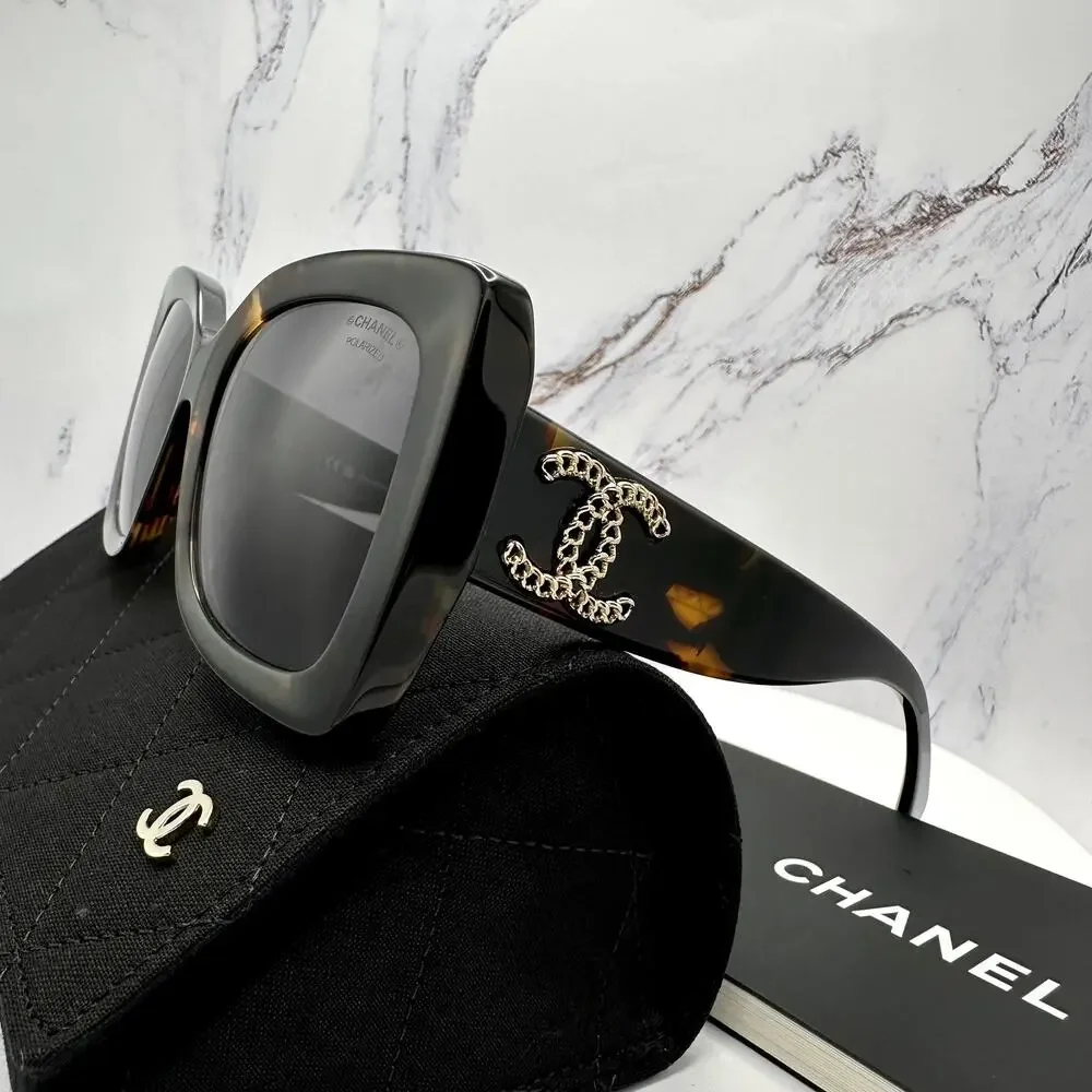 Chanel Black Tortoiseshell Oversized Sunglasses with Gold CC Logo